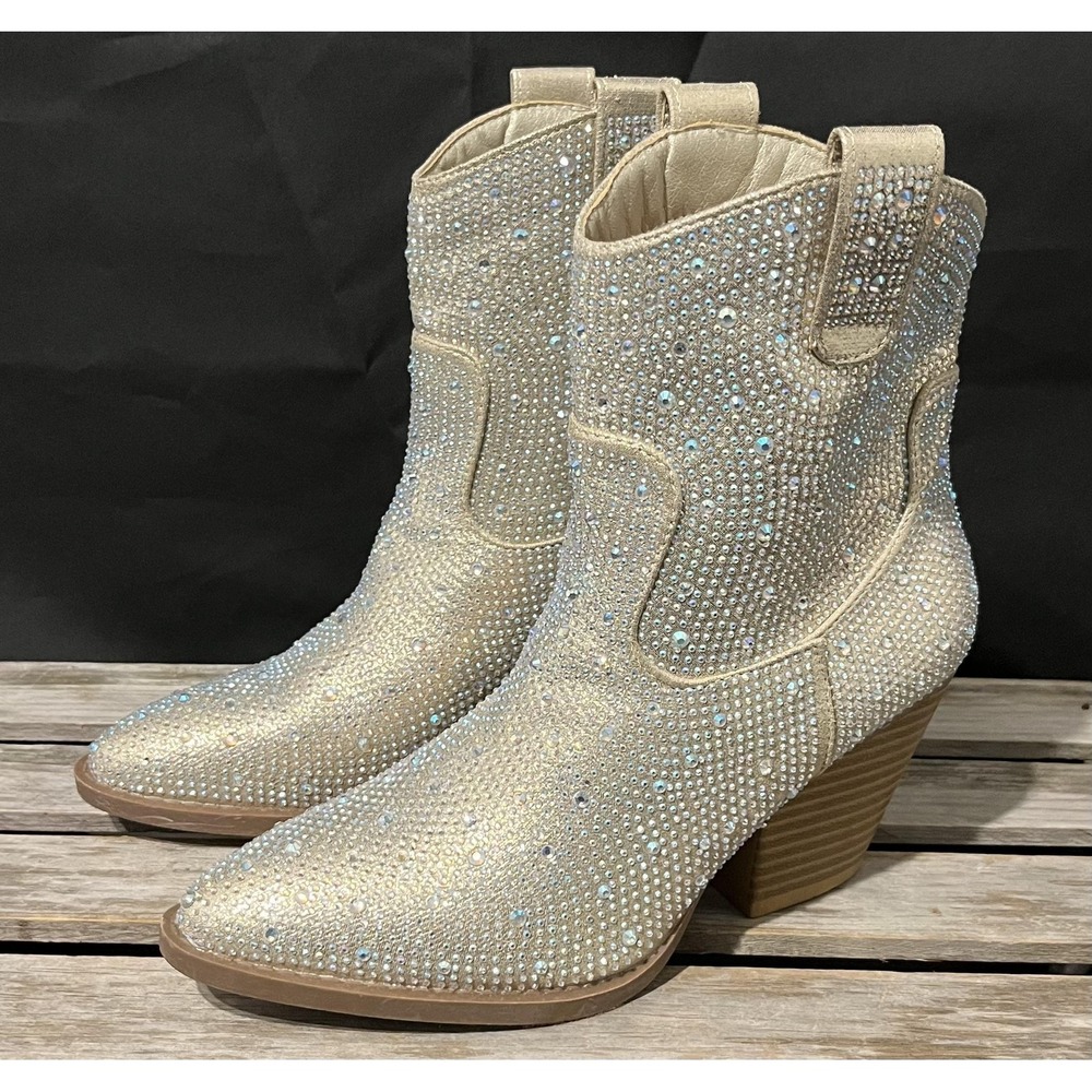 Forever Boots Womens Size 6.5 Gold Rhinestone Western Ankle Cowboy RIVER-01